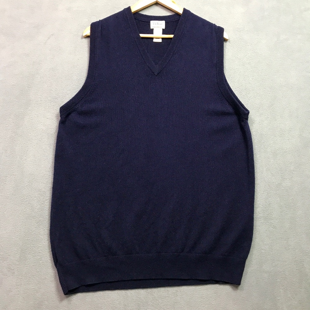 LL Bean Sweater Vest Lambs Wool Mens Large Tall Blue V-neck Hole in Back